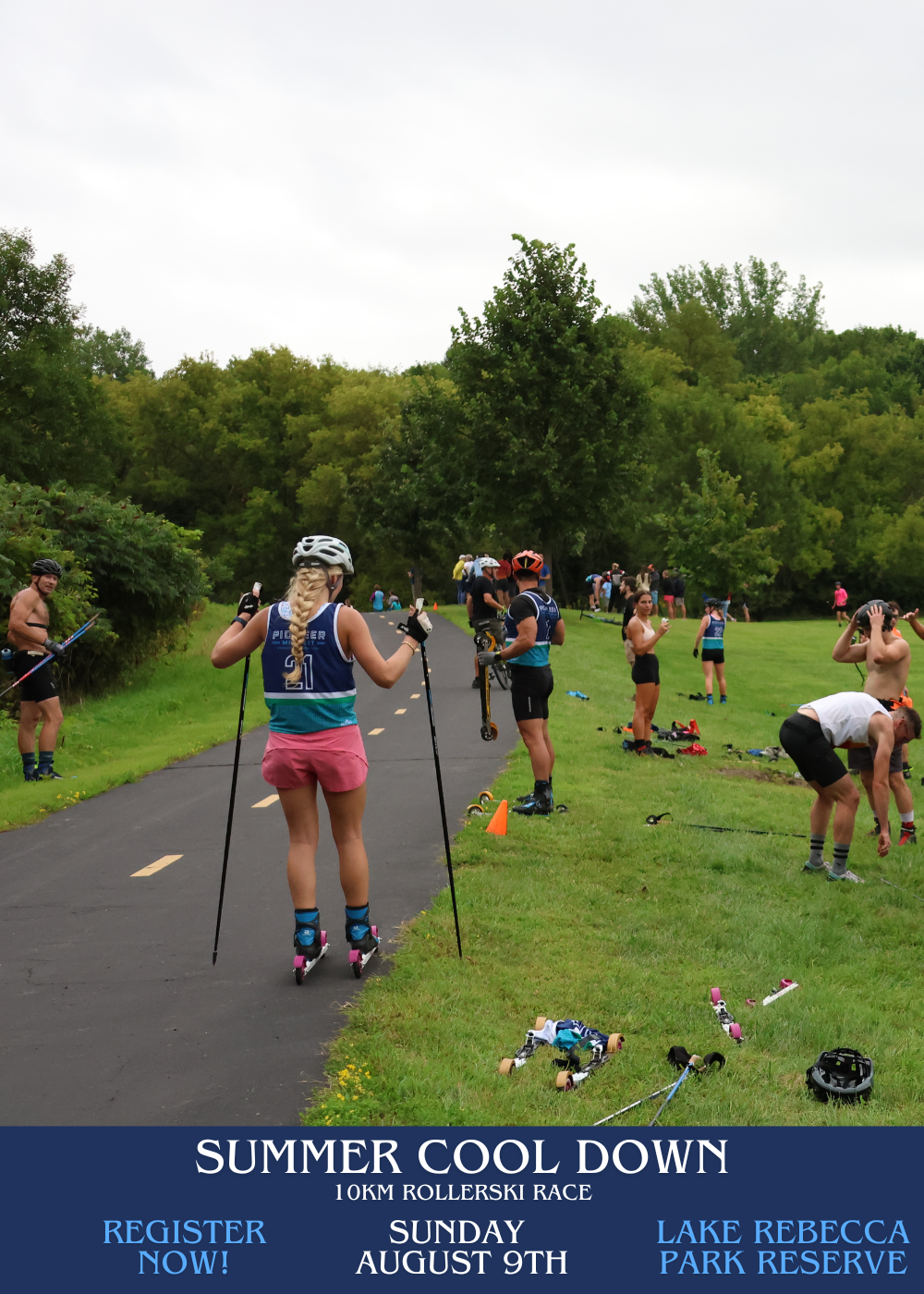 A group of people roller-skating on a paved path in a park, with trees and grass in the background. A blue banner at the bottom reads 'SUMMER COOL DOWN 10KM ROLLERSKI RACE SUNDAY AUGUST 9TH LAKE REBECCA PARK RESERVE'.